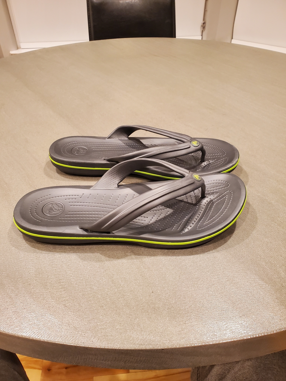 CROCS Men's Gray Flip Flops with Neon Yellow Trim Size 13